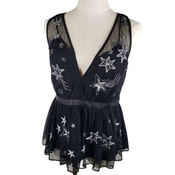 NEW Express Star Embroidered Plunge Tank Blouse‎ 8 Black Silver Mesh NWT - Picture 3 of 13